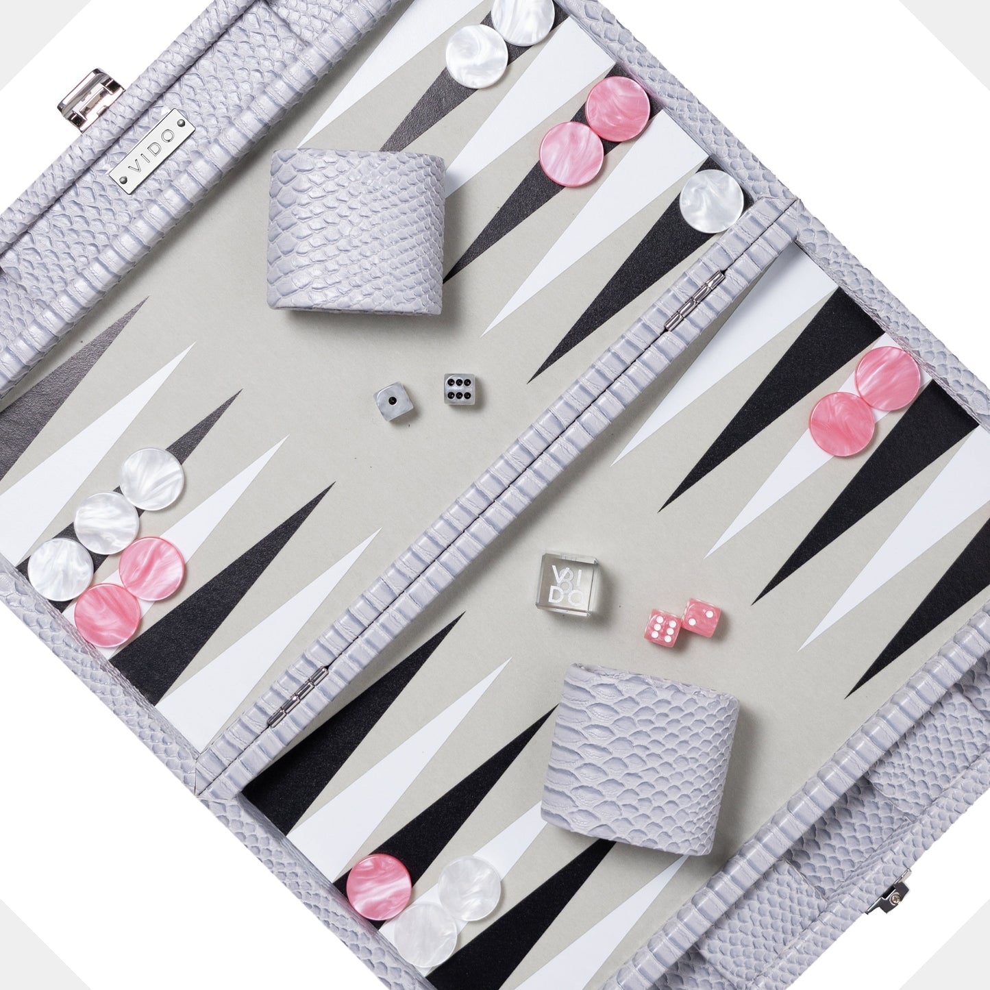 Backgammon grey set with pink and white pieces on a gray board by VIDO