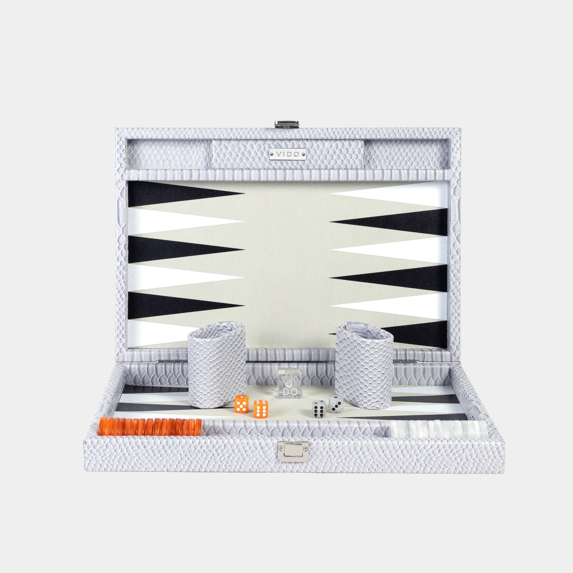 Grey backgammon set with white and black points in a decorative box on a white background by VIDO