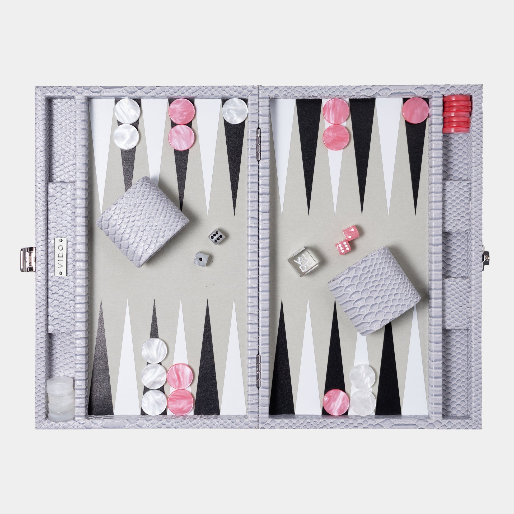 Backgammon set grey with pink pieces and dice on a light gray background by VIDO