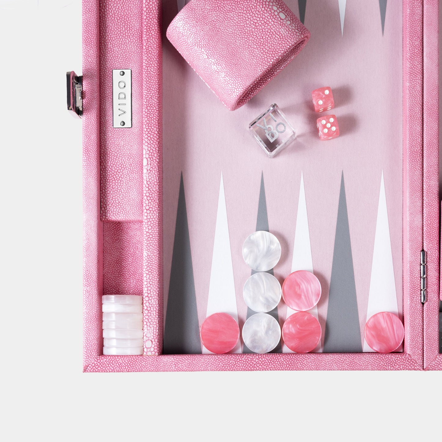 Pink backgammon set zoom with pieces and dice on a white background  by VIDO